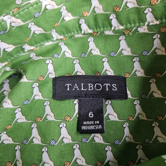 Talbots Women's Button Down Shirt Size 6 Green Dog With Ball Pattern - Picture 3 of 8